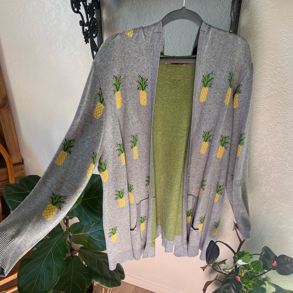 belldini Cotton Blend Hooded Cardigan Sweater Size 2X Gray Green Pineapple